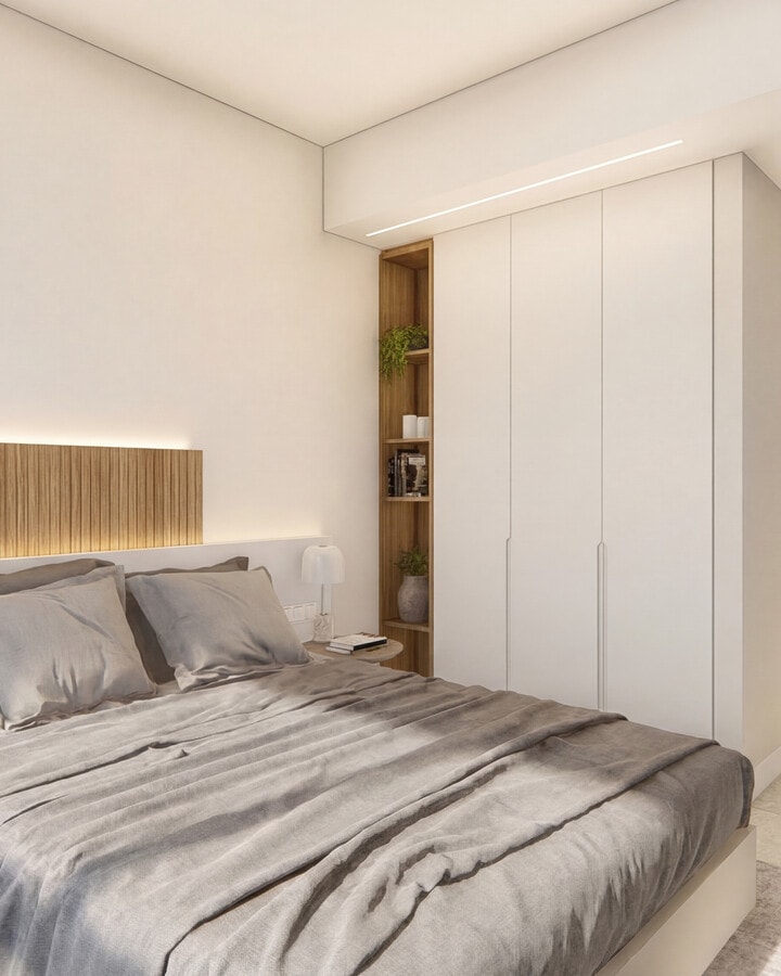 De slaapkamer met houten wandpaneel en zacht licht